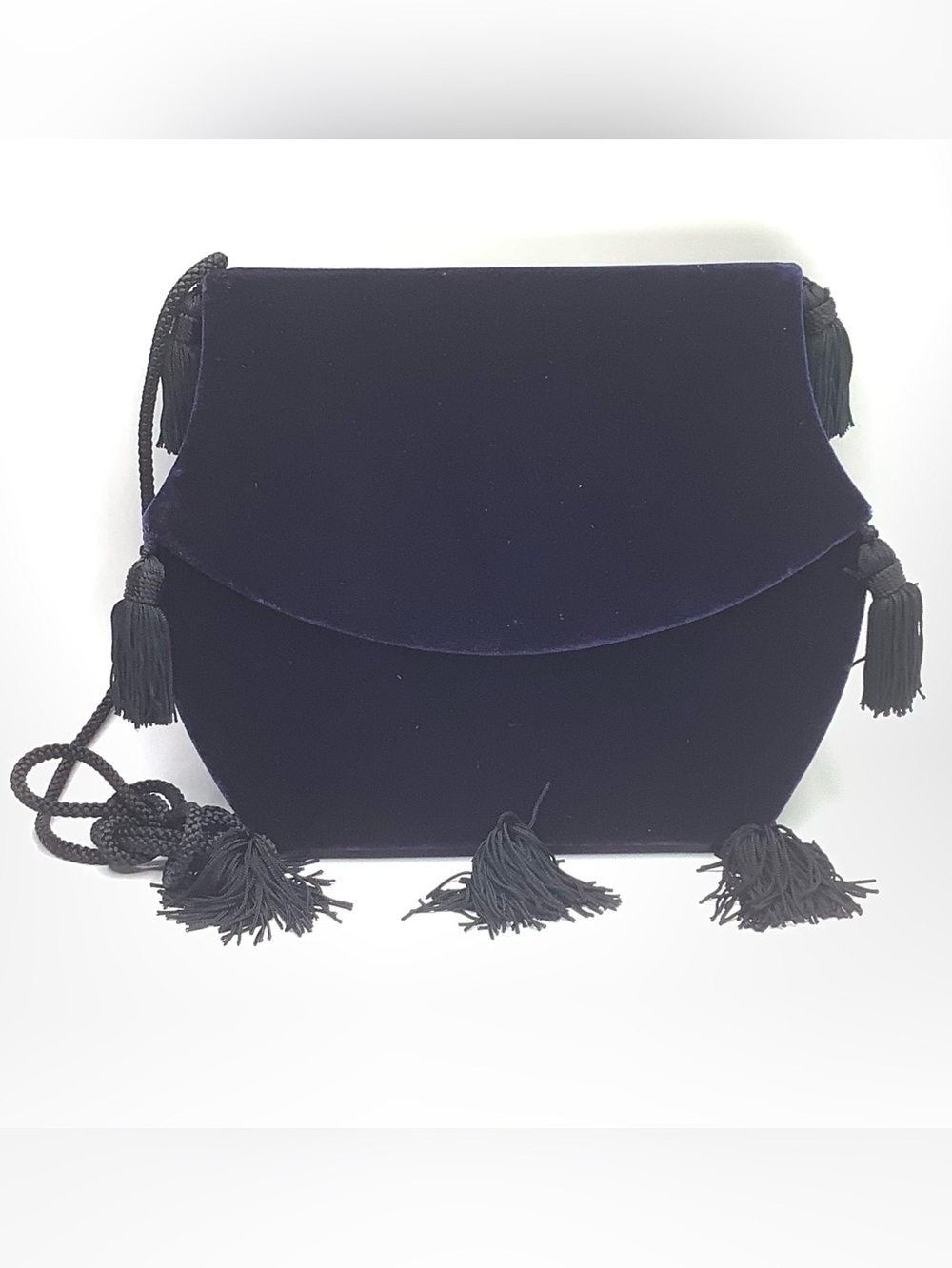 Yves Saint Laurent Blue Velvet Flap Bag with Black Tassels and Cord Strap